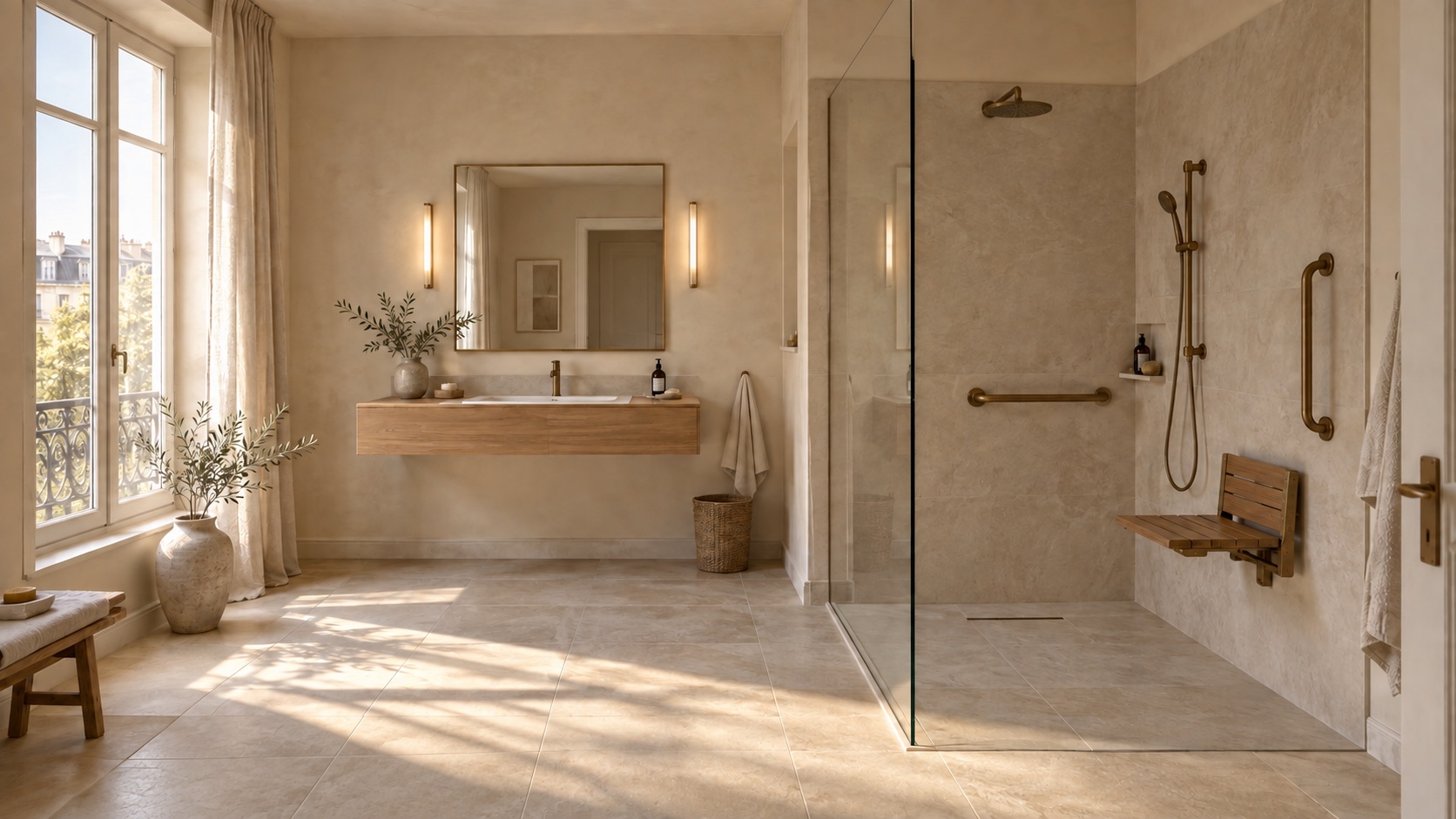 Projection d’une salle de bain adaptée : pierre claire, douche de plain-pied et appuis discrets